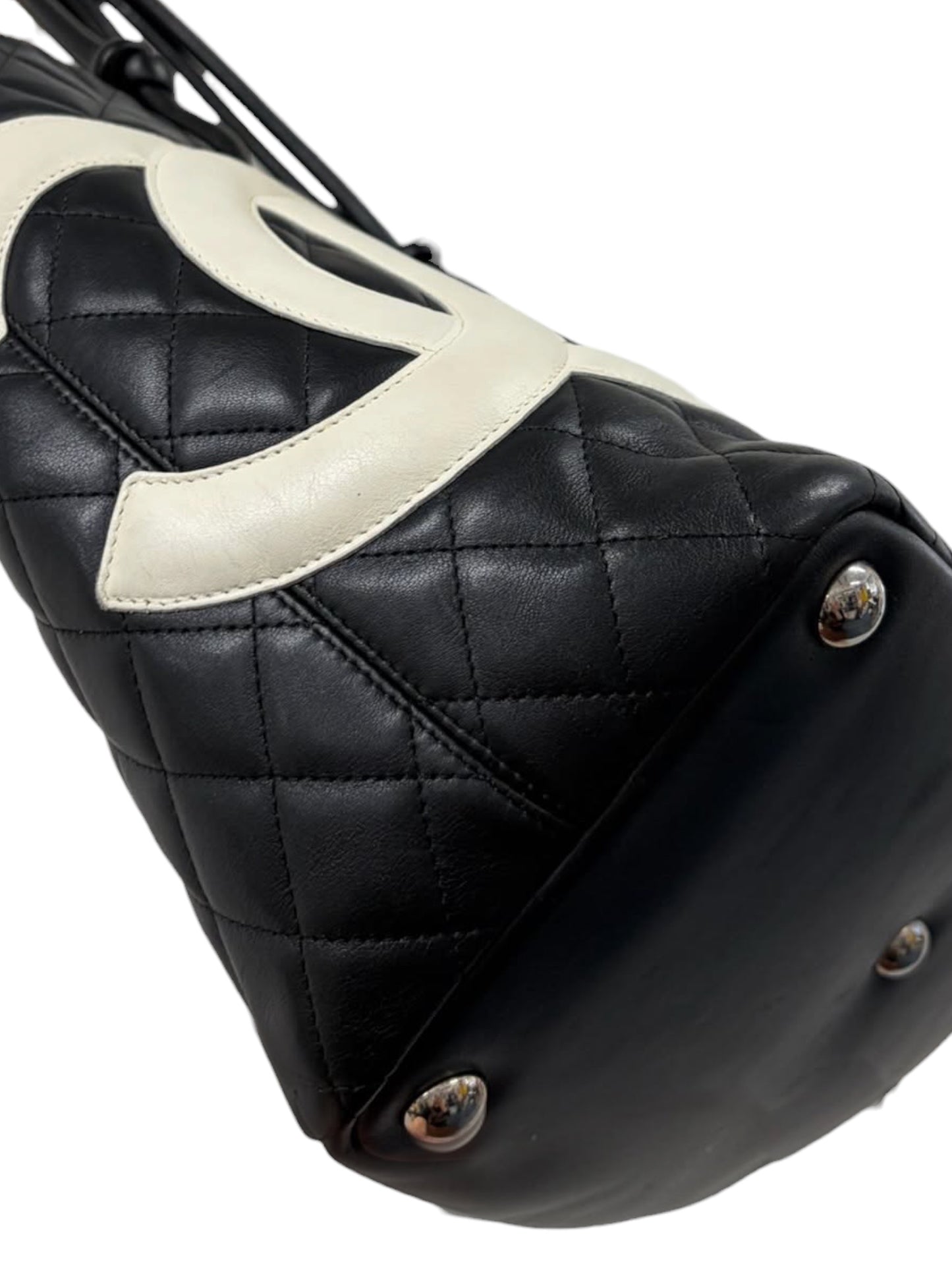 Chanel Vintage 00s Black & White Quilted Lambskin Large CC Cambon Shoulder Tote Bag