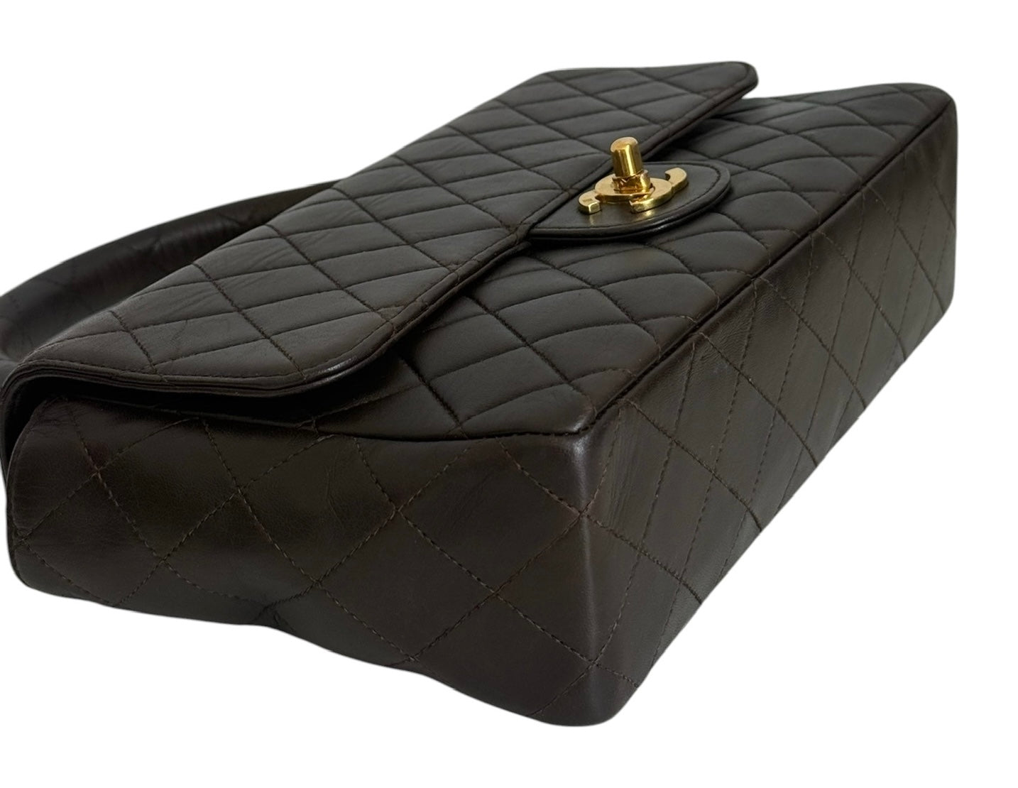 Chanel Vintage 90s Dark Brown Quilted Lambskin Medium Kelly Top Handle Parent Flap Bag w 24K Gold Plated Hardware