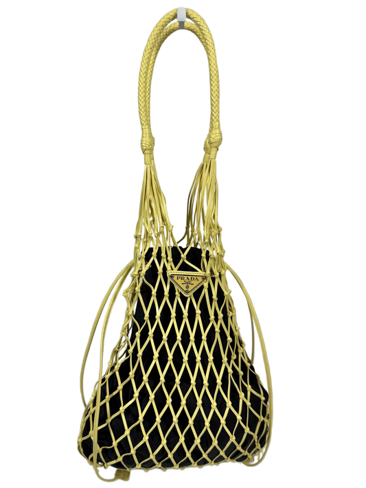 Prada Mesh Woven Green Leather Fishnet & Black Nylon Shoulder Tote Bag