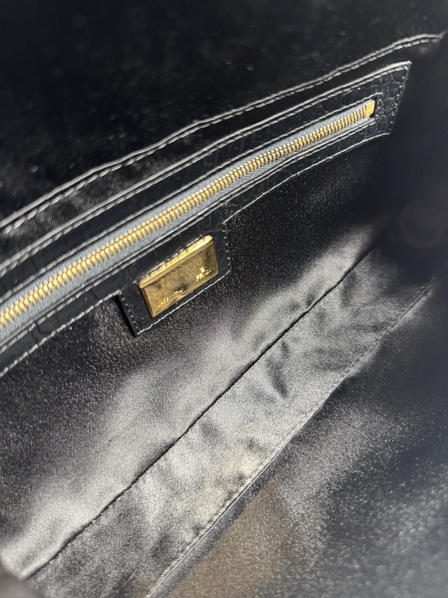 Fendi Black Satin Crystal Crocodile Trim Baguette Shoulder Bag