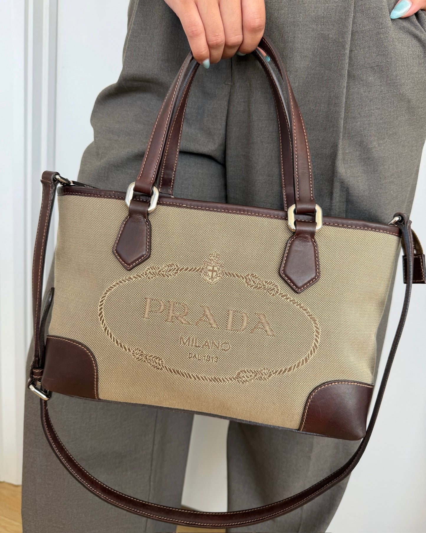Prada Vintage 2006 Brown Jacquard Canvas Small Two-Way Shoulder Tote & Crossbody Bag