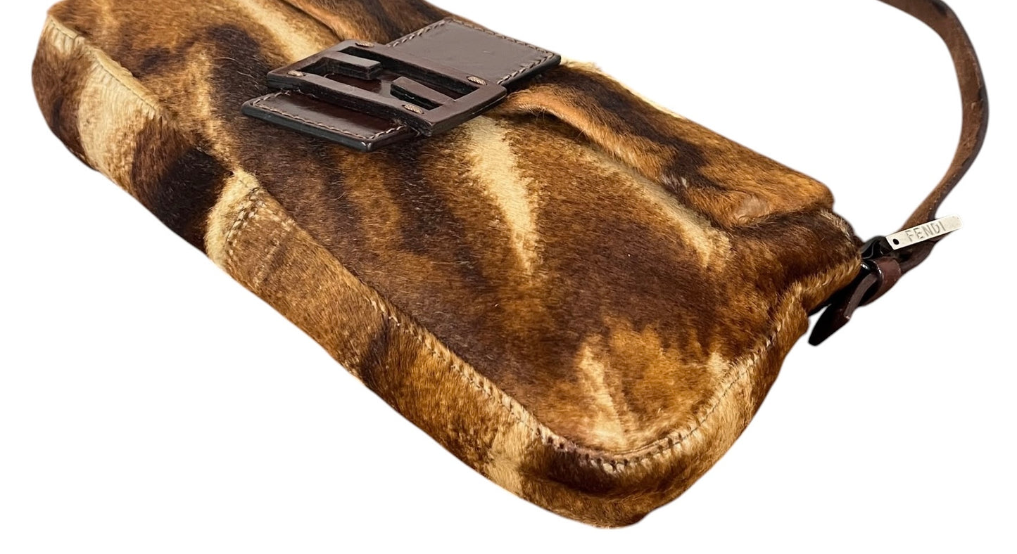 Fendi Vintage Brown Animal Print Pony Hair Shoulder Baguette Bag