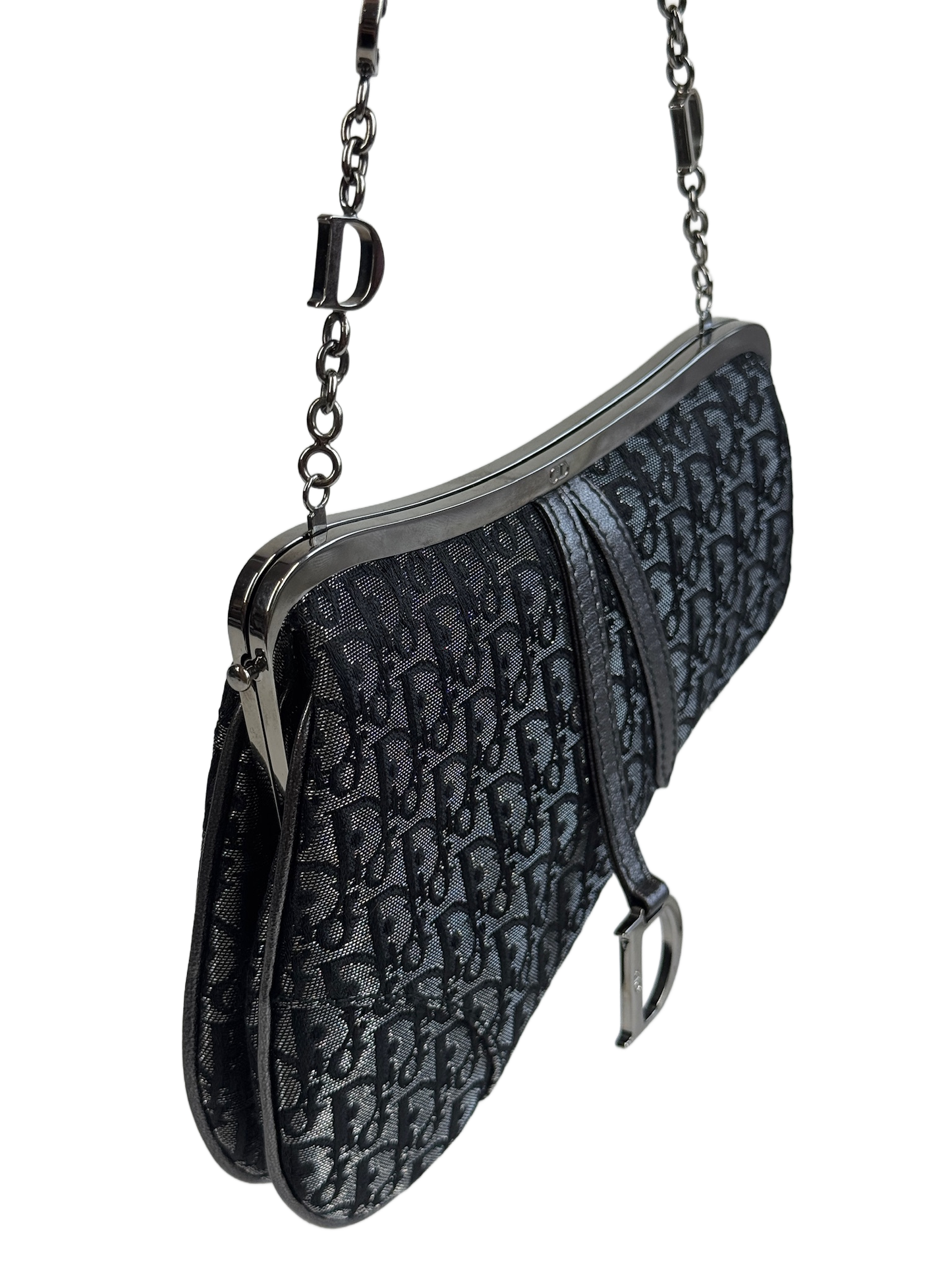 Dior Vintage 2003 Metallic Grey Diorissimo Monogram Micro Mini Evening Saddle Bag