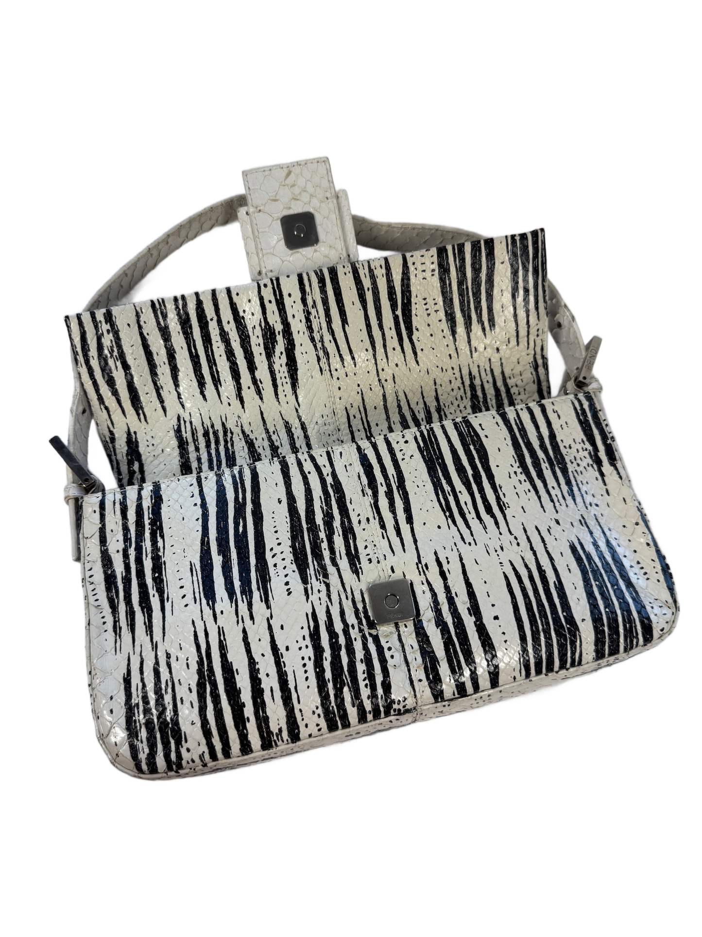 Fendi Vintage White & Black Zebra Print Snakeskin Baguette Shoulder Bag