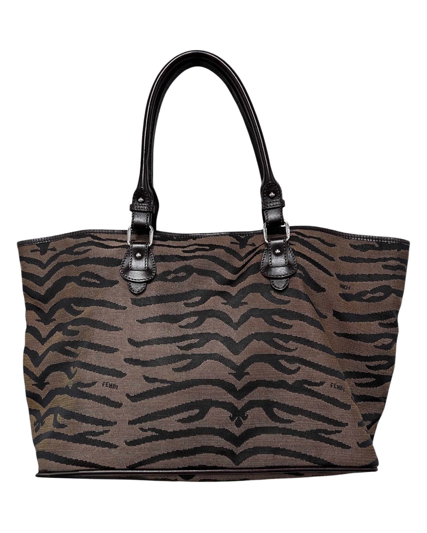 Fendi Vintage Brown Zebra Print Canvas Brown Leather Trim Shoulder Tote Bag  