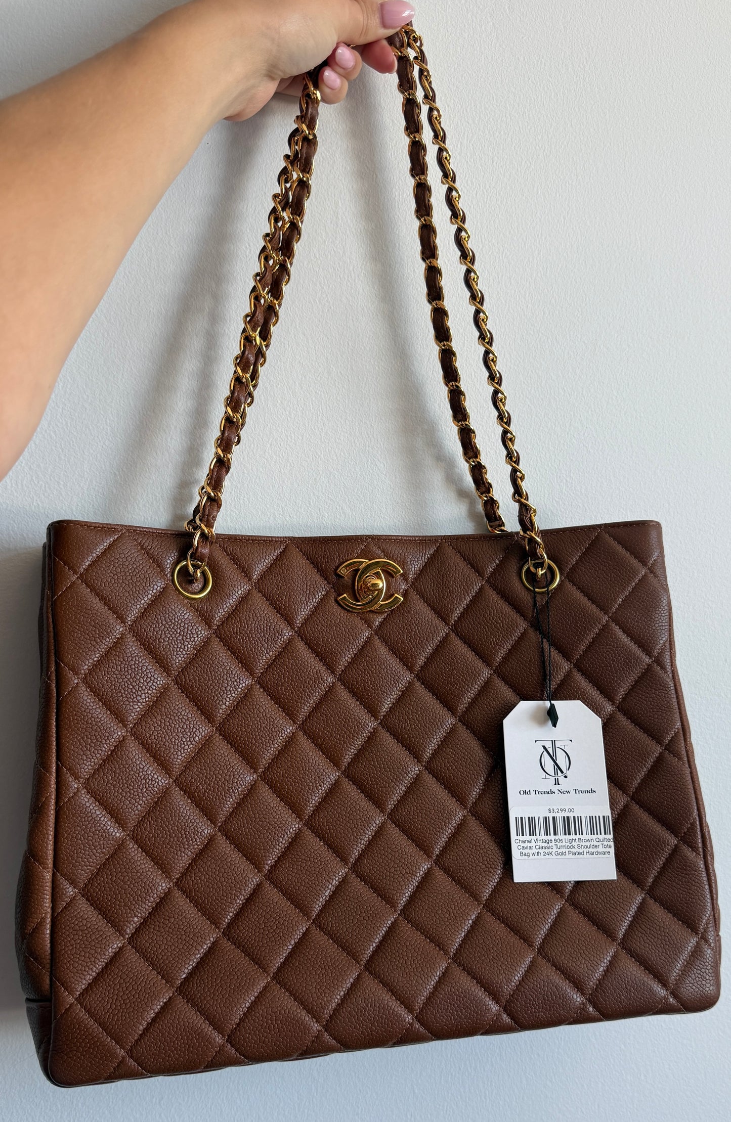 Chanel Vintage 90s Light Brown Quilted Caviar Classic Turnlock Shoulder Tote Bag with 24K Gold Plated Hardware