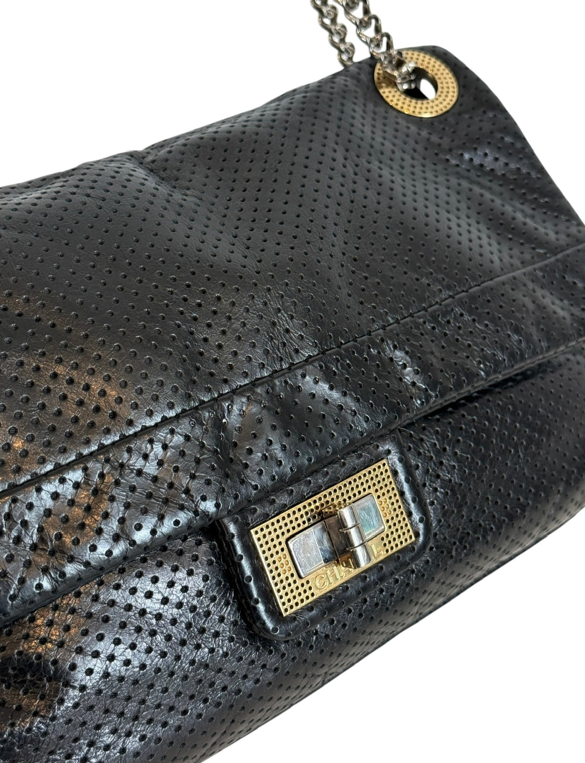 Chanel Vintage 2008-2009 Black Perforated Calfskin Medium Single Reissue Flap Bag with Mixed Metal Hardware