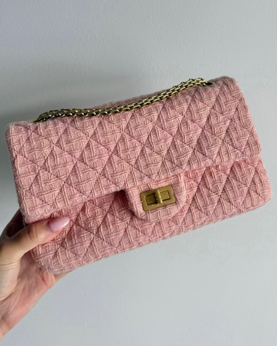 Chanel Light Pink Tweed 2.55 Reissue Medium Double Flap Bag with Aged Gold Hardware