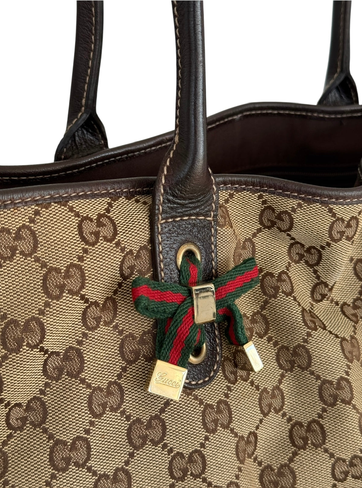 Gucci Vintage Brown GG Monogram Princy Medium Shoulder Tote Bag with Webb Stripe Bow