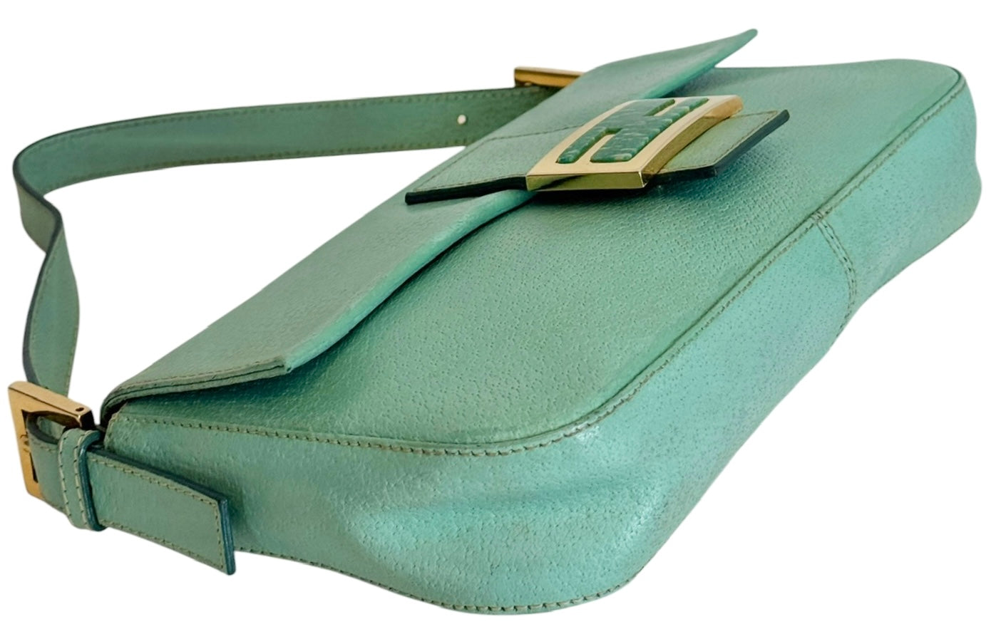 Fendi Vintage Blue Pebbled Leather Quartz Logo Shoulder Baguette Bag