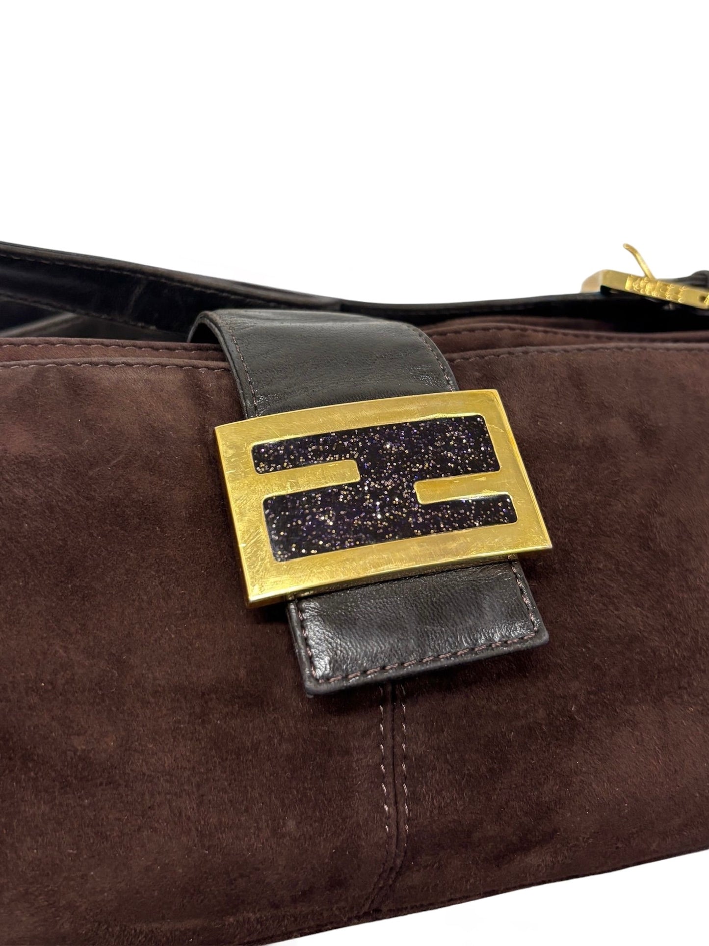 Fendi Vintage Brown Suede Purple Glitter Logo Shoulder Flap Baguette Bag 