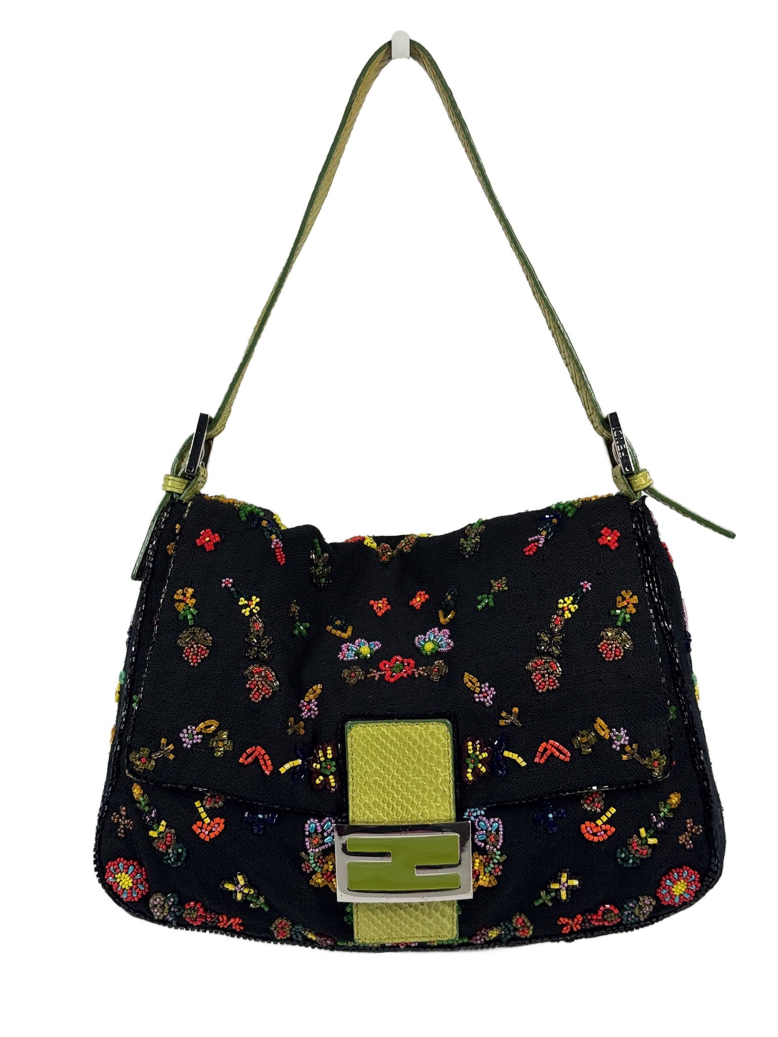 Fendi Vintage Black Knit Floral Beaded Embroidered Mamma Baguette Shoulder Bag w Green Lizard Trim