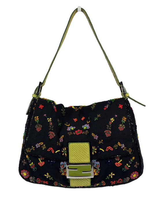 Fendi Vintage Black Knit Floral Beaded Embroidered Mamma Baguette Shoulder Bag w Green Lizard Trim