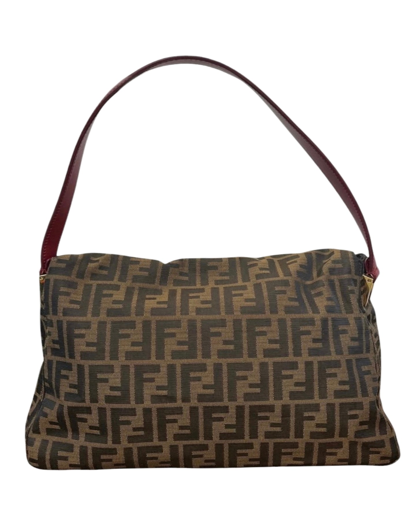 Fendi Vintage Brown Zucca Monogram Canvas Red Leather Trim XL Jumbo Mamma Baguette Shoulder Bag