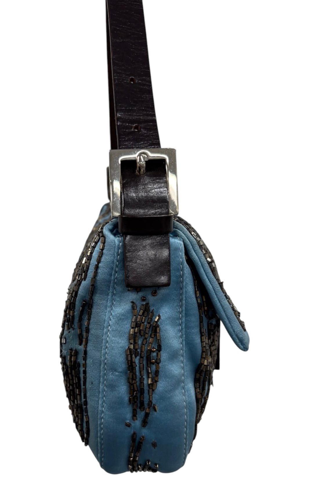 Fendi Vintage Blue Silk Beaded Orange Lizard Trim Shoulder Baguette Bag 