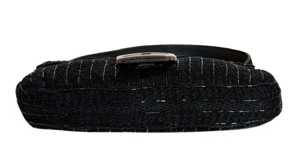 Fendi Vintage Black Knit Striped Beaded Embroidered Shoulder Baguette Bag with Pony Hair Trim