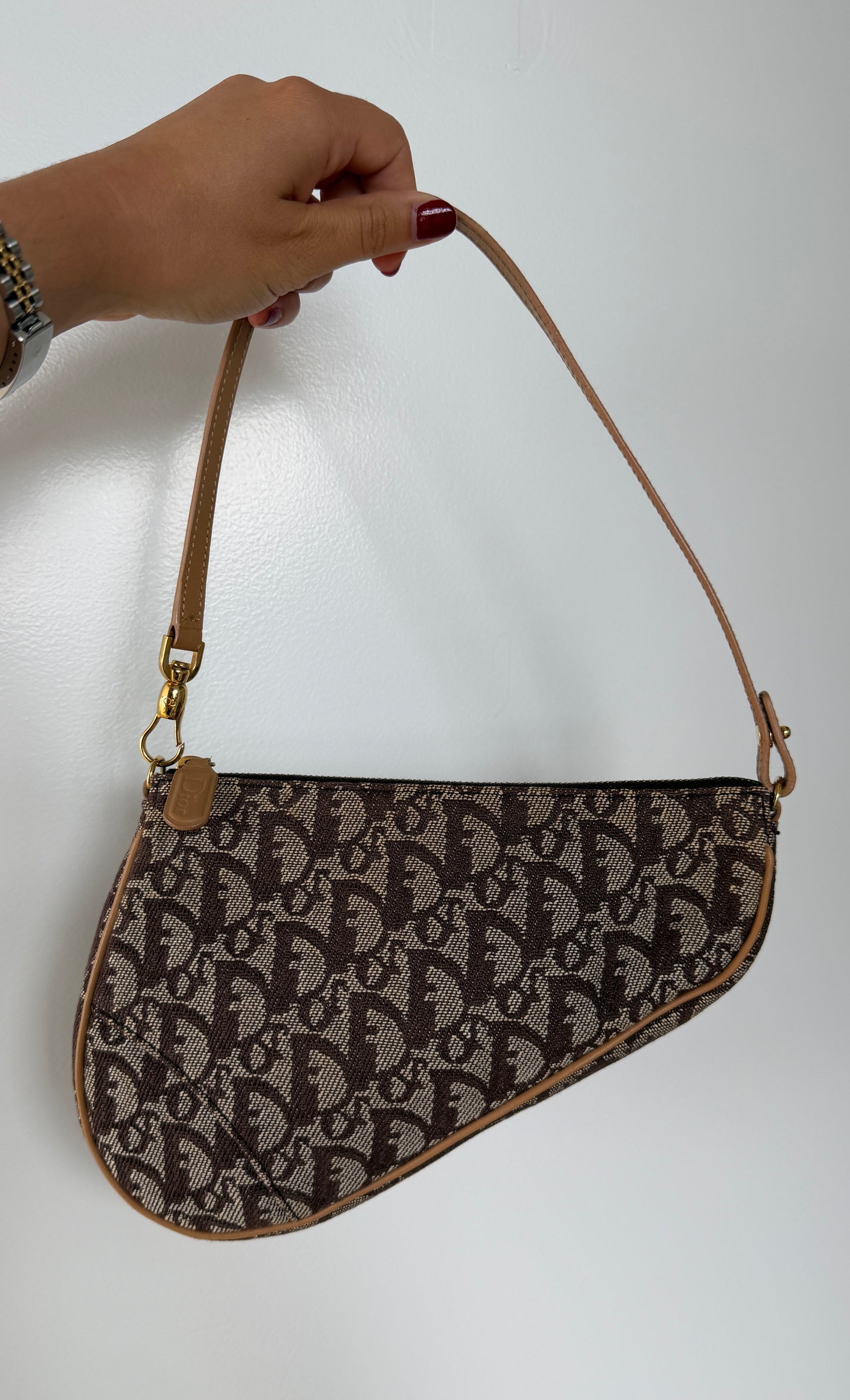 Dior Vintage 2001 Brown Trotter Monogram Mini Saddle Pochette Shoulder Bag