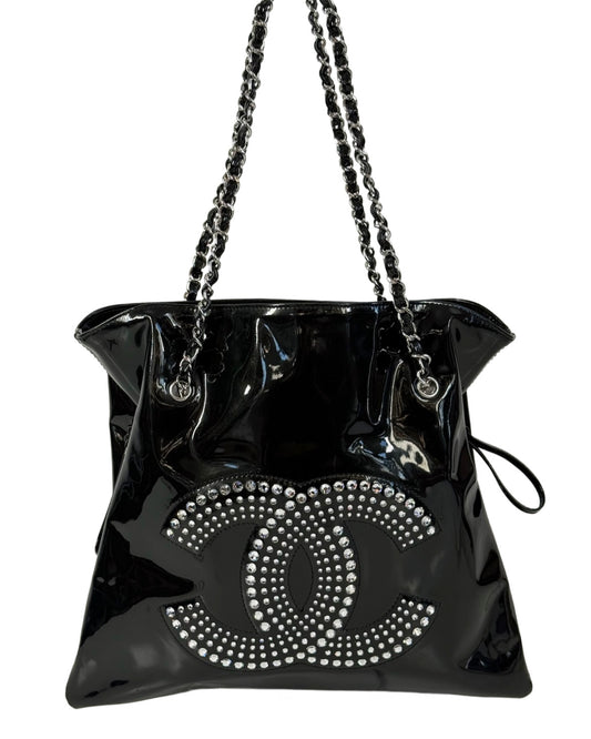 Chanel Vintage Black Patent Leather CC Crystal Embellished Bon Bon Chain Tote Shoulder Bag