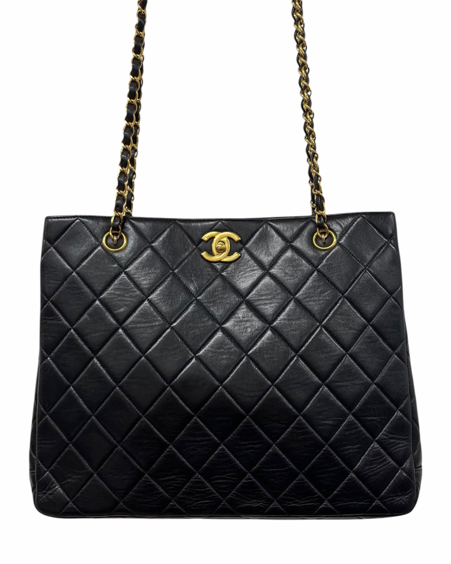 Chanel Vintage 90s Black Quilted Lambskin Classic Turnlock Shoulder Tote Bag with 24K Gold Plated Hardware
