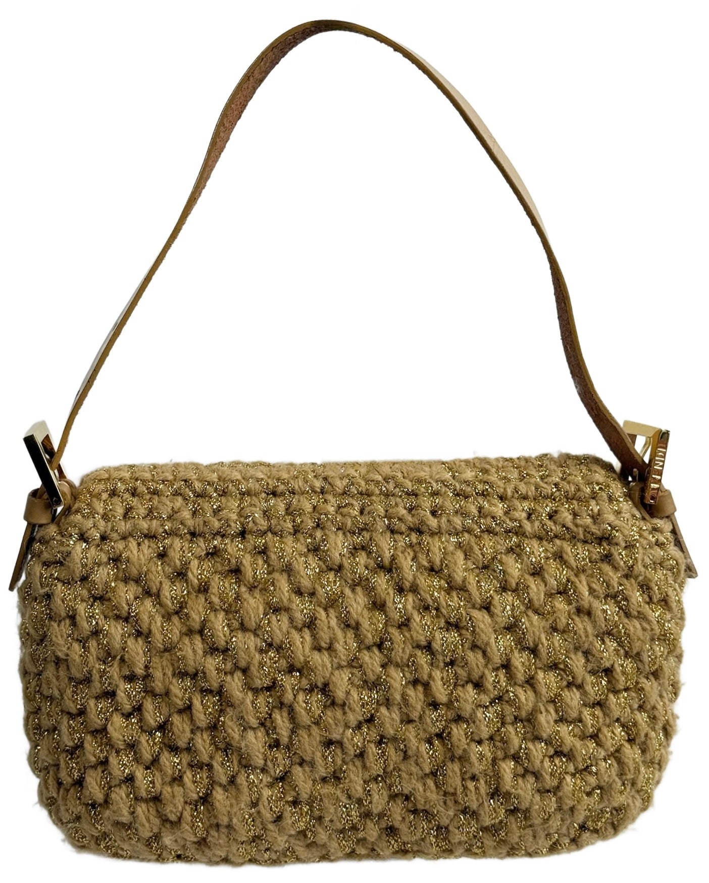 Fendi Vintage Metallic Gold Woven Wool Knit Shoulder Baguette Bag w Purple Pony Hair Logo
