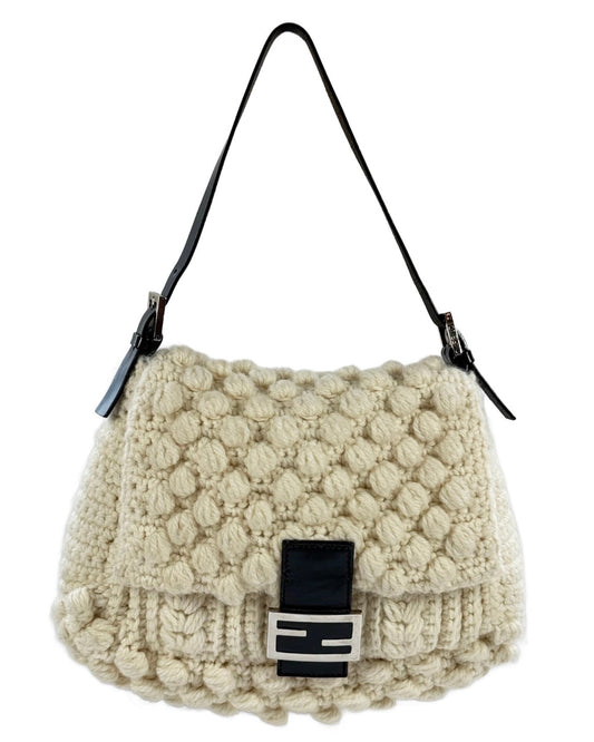 Fendi Vintage Ivory Crochet Knit Mamma Shoulder Baguette Bag