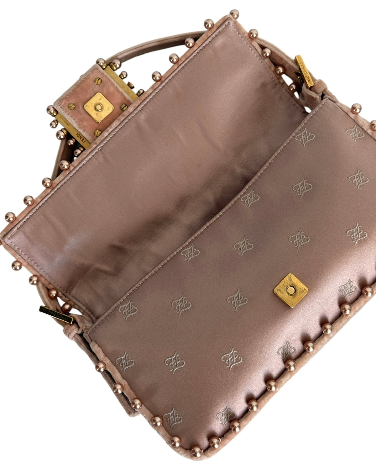 Fendi 1997 Re-Edition 25 Year Anniversary Blush Pink Embroidered Silk Logo Pearl Trim Shoulder Baguette Bag with Velour Trim