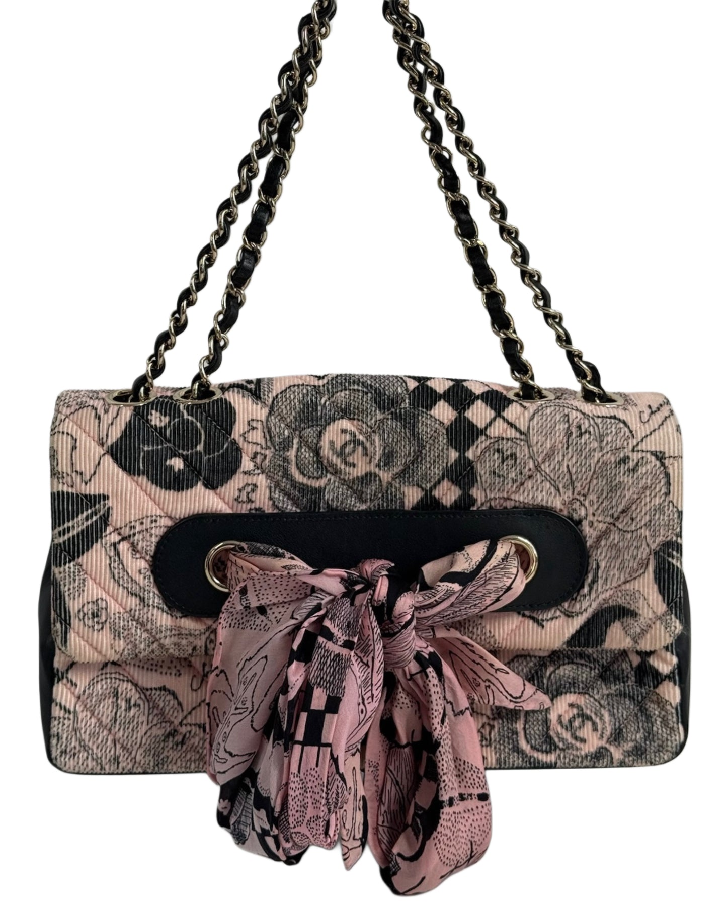 Chanel Pink & Black Corduroy CC Logo Camellia Motif Satin Bow Small Shoulder Classic Flap Bag