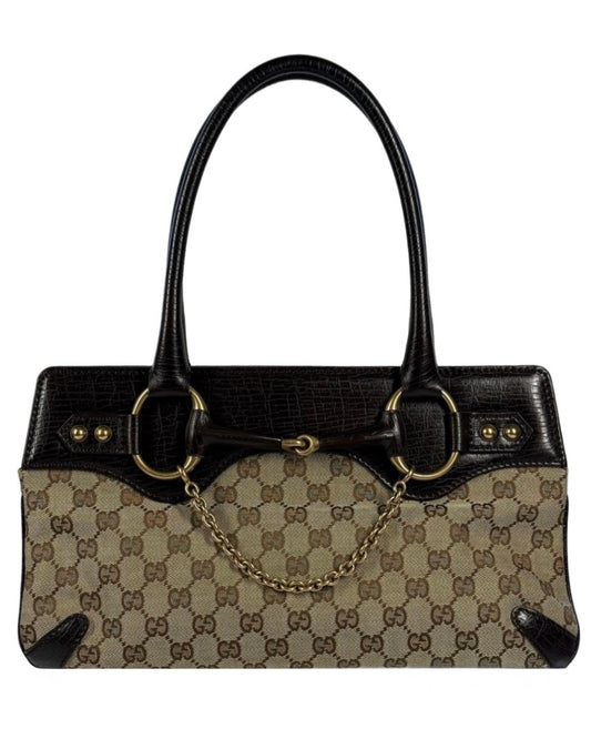 Gucci Vintage Brown GG Monogram Brown Leather Trim Horsebit Small Shoulder Tote Bag
