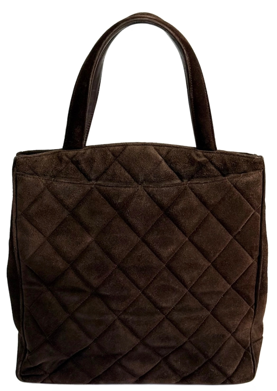 Chanel Vintage 90s Brown Quilted Suede Jumbo CC Matelasse Top Handle Tote Bag