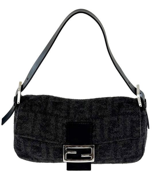 Fendi Vintage Gray Black Zucca Monogram Knit Wool Shoulder Baguette Bag