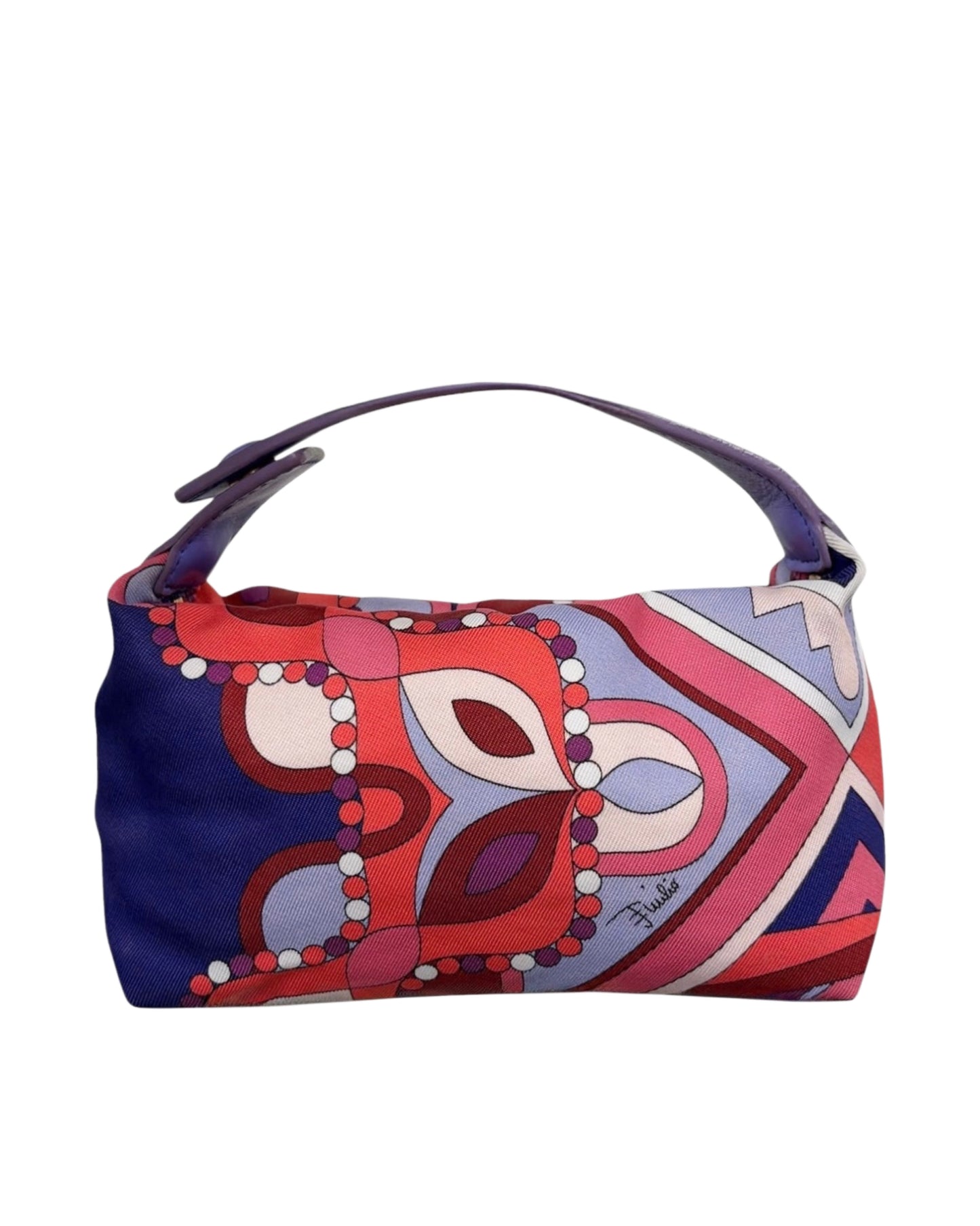 Pucci Vintage Red Purple & Pink Satin Mini Cosmetic Top Handle Pochette Bag 