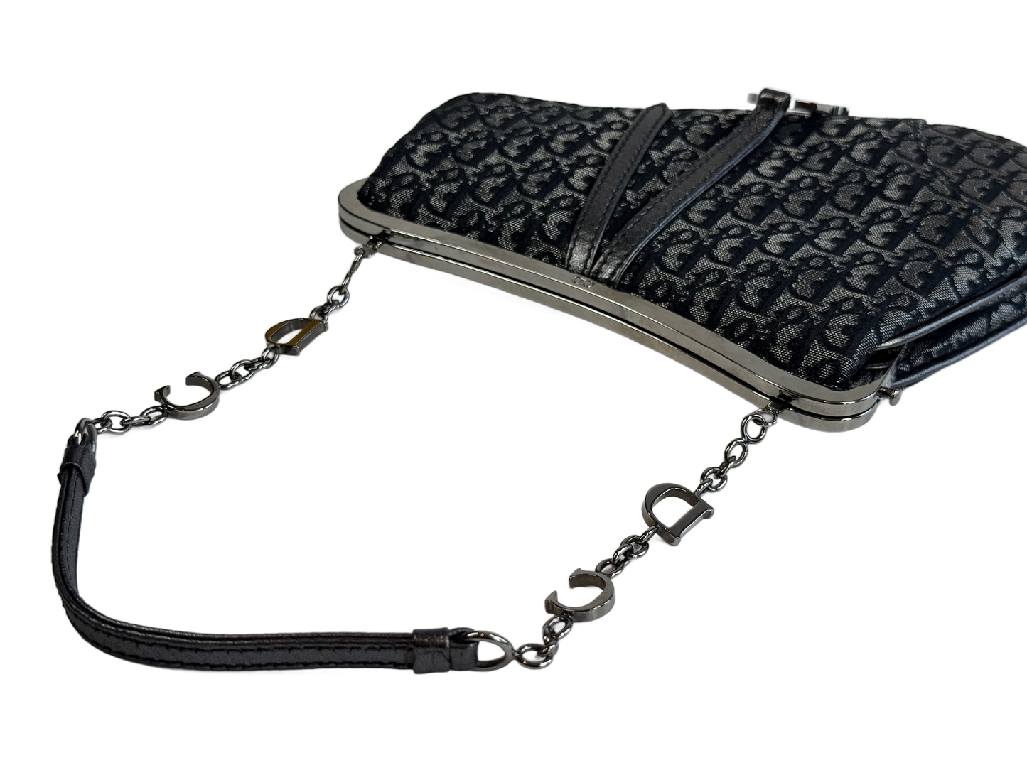 Dior Vintage 2003 Metallic Grey Diorissimo Monogram Micro Mini Evening Saddle Bag
