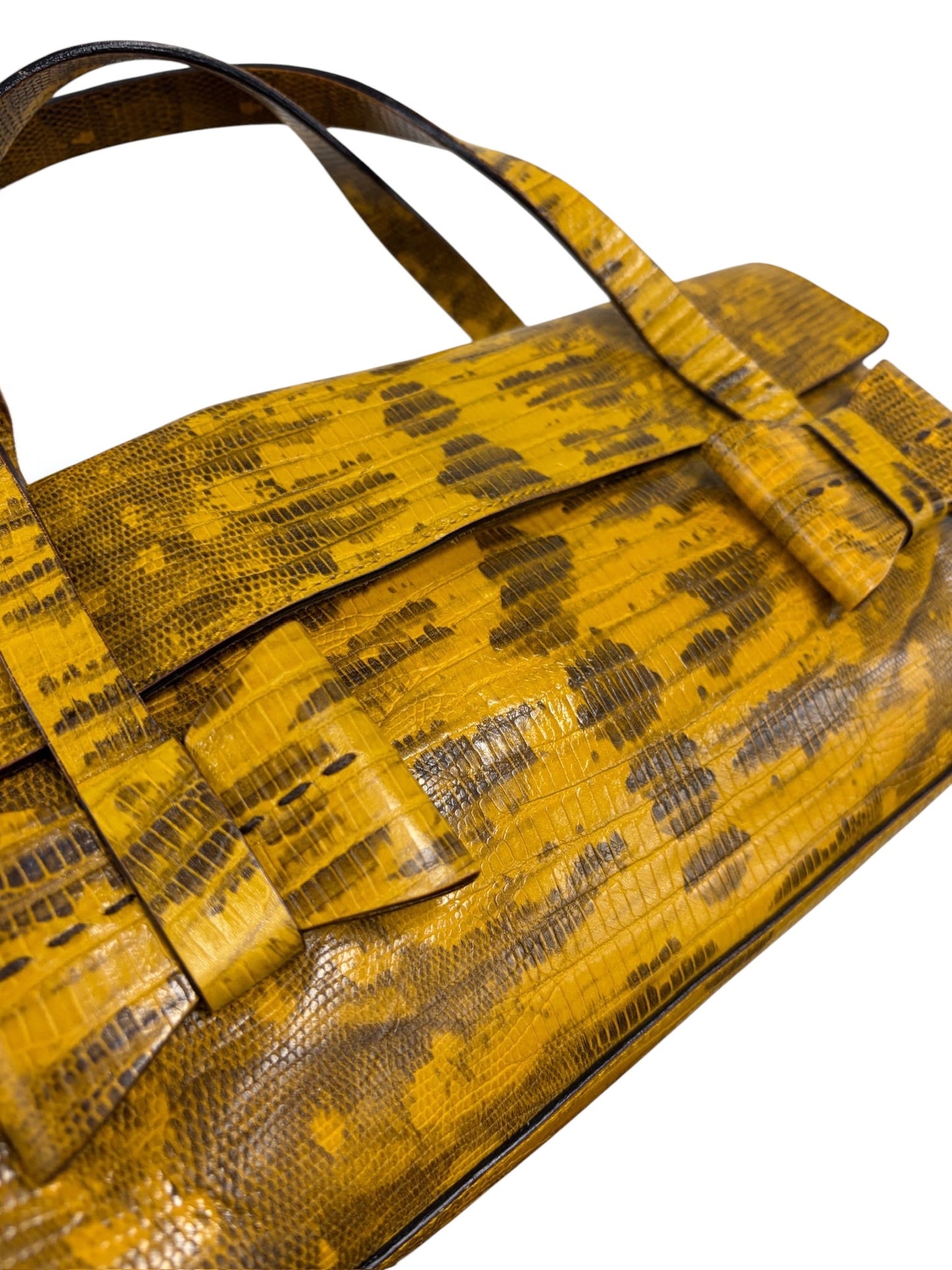 Miu Miu Vintage S/S 2000 Yellow Embossed Lizard Leather Bow Pochette Clutch Bag 