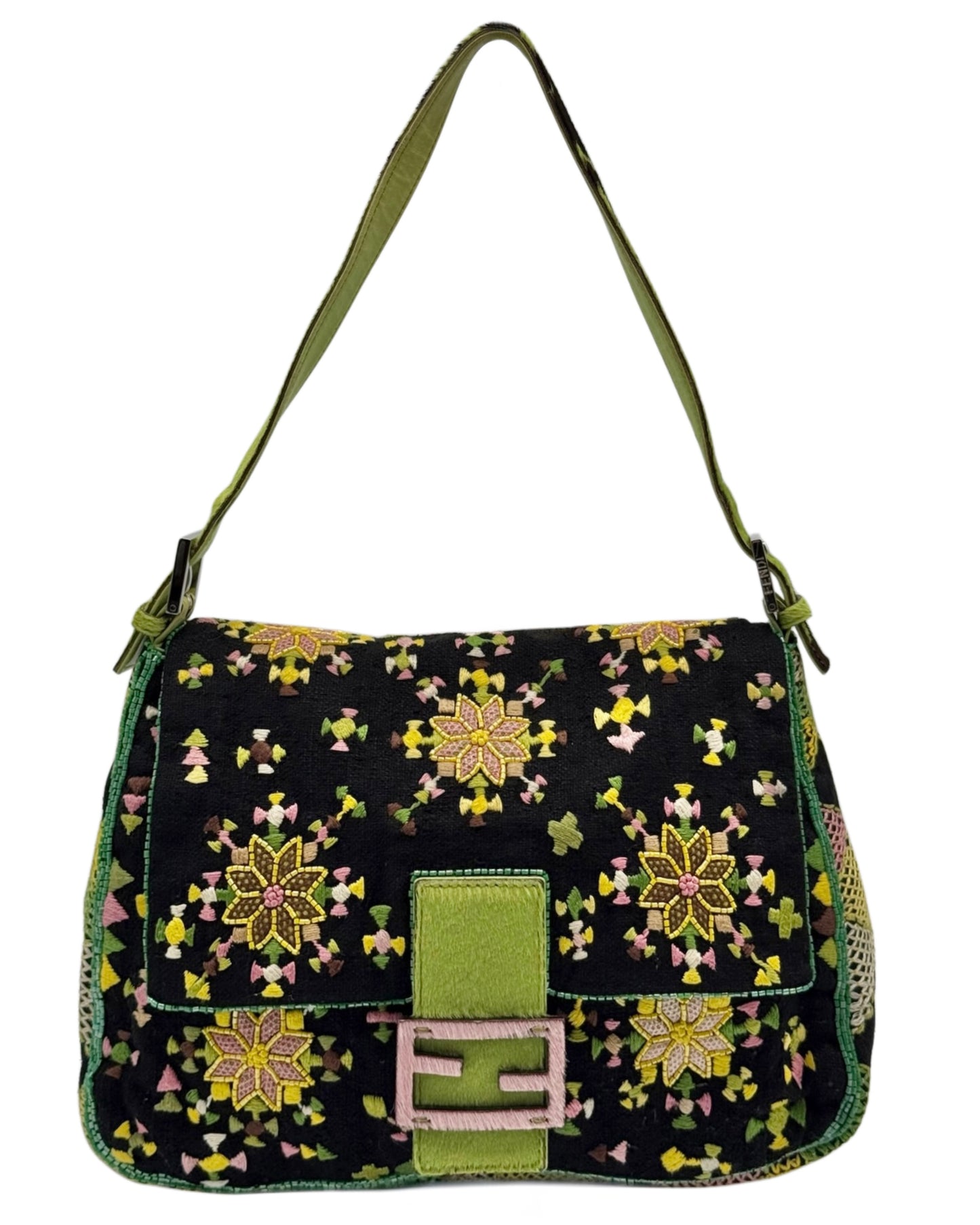 Fendi Vintage Black Knit Beaded Embroidered Aztec Print Mamma Baguette Shoulder Bag with Green Cow Print Pony Hair Trim