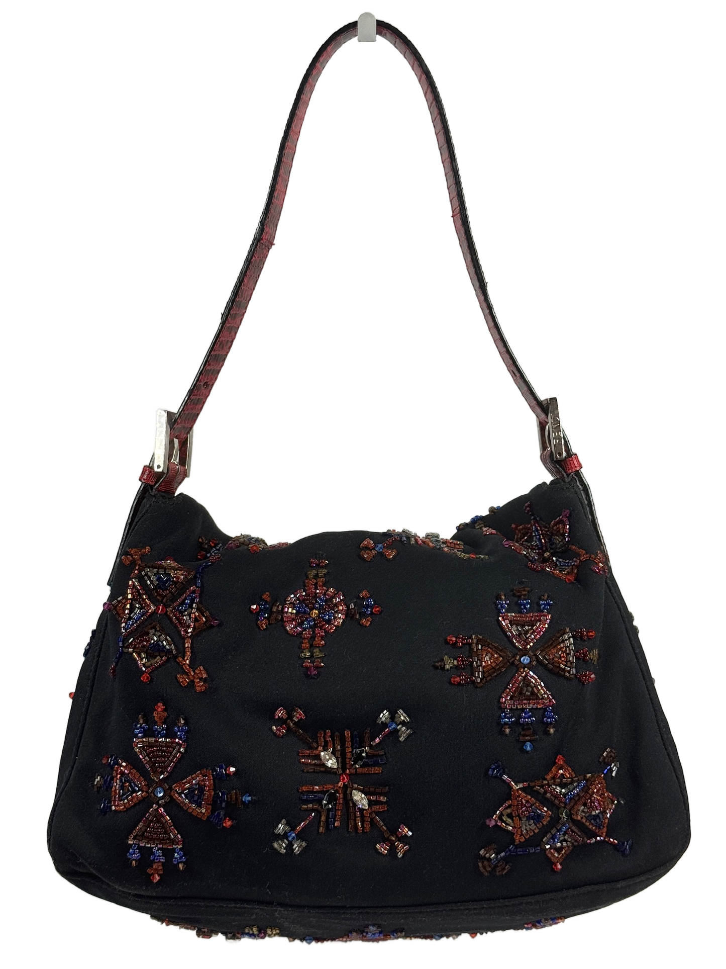 Fendi Vintage Black Nylon Embroidered Beaded Aztec Red Lizard Trim Mamma Baguette Shoulder Bag