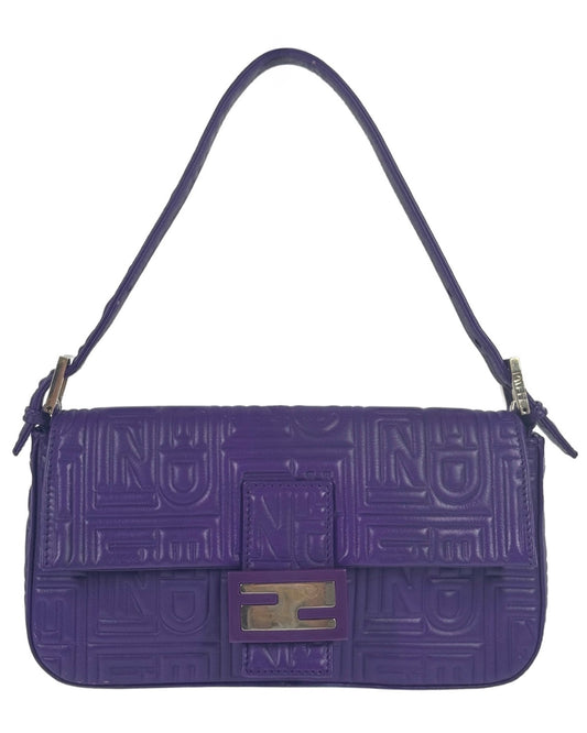 Fendi Purple Nappa Embossed Logo Leather Shoulder Baguette Bag