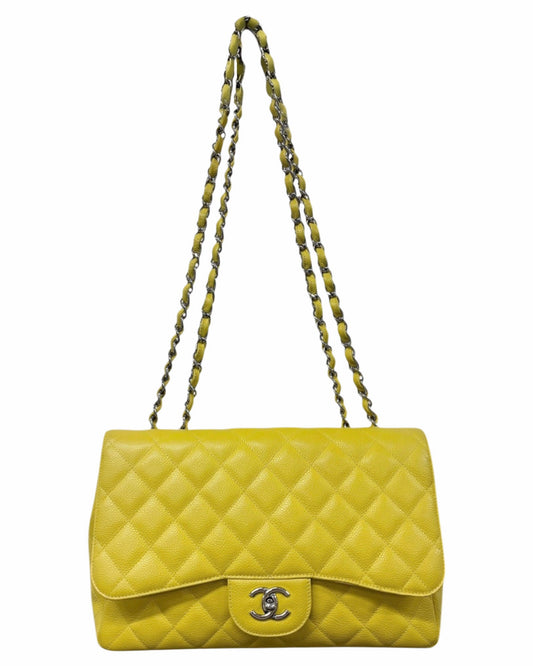Chanel Yellow Quilted Caviar Jumbo Classic Single Flap Bag with Silver Hardware 