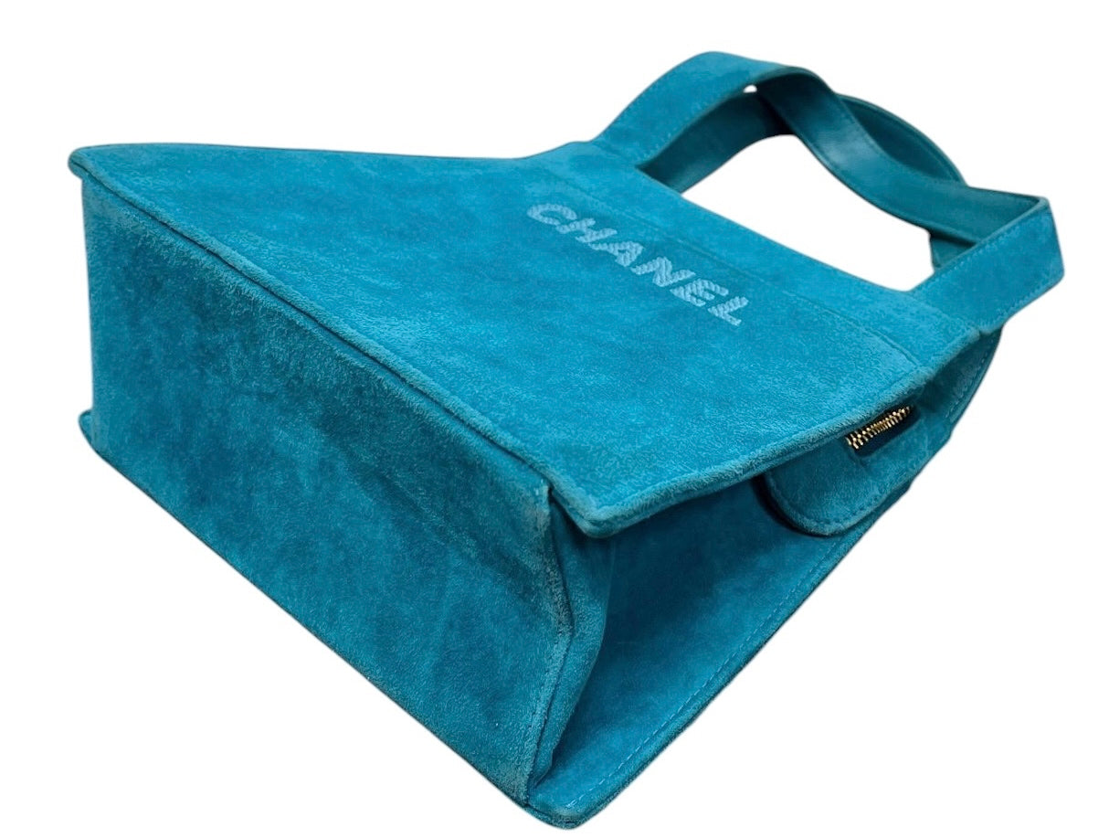 Chanel Vintage 90s Turquoise Blue Suede Logo Small Kelly Top Handle Bag 