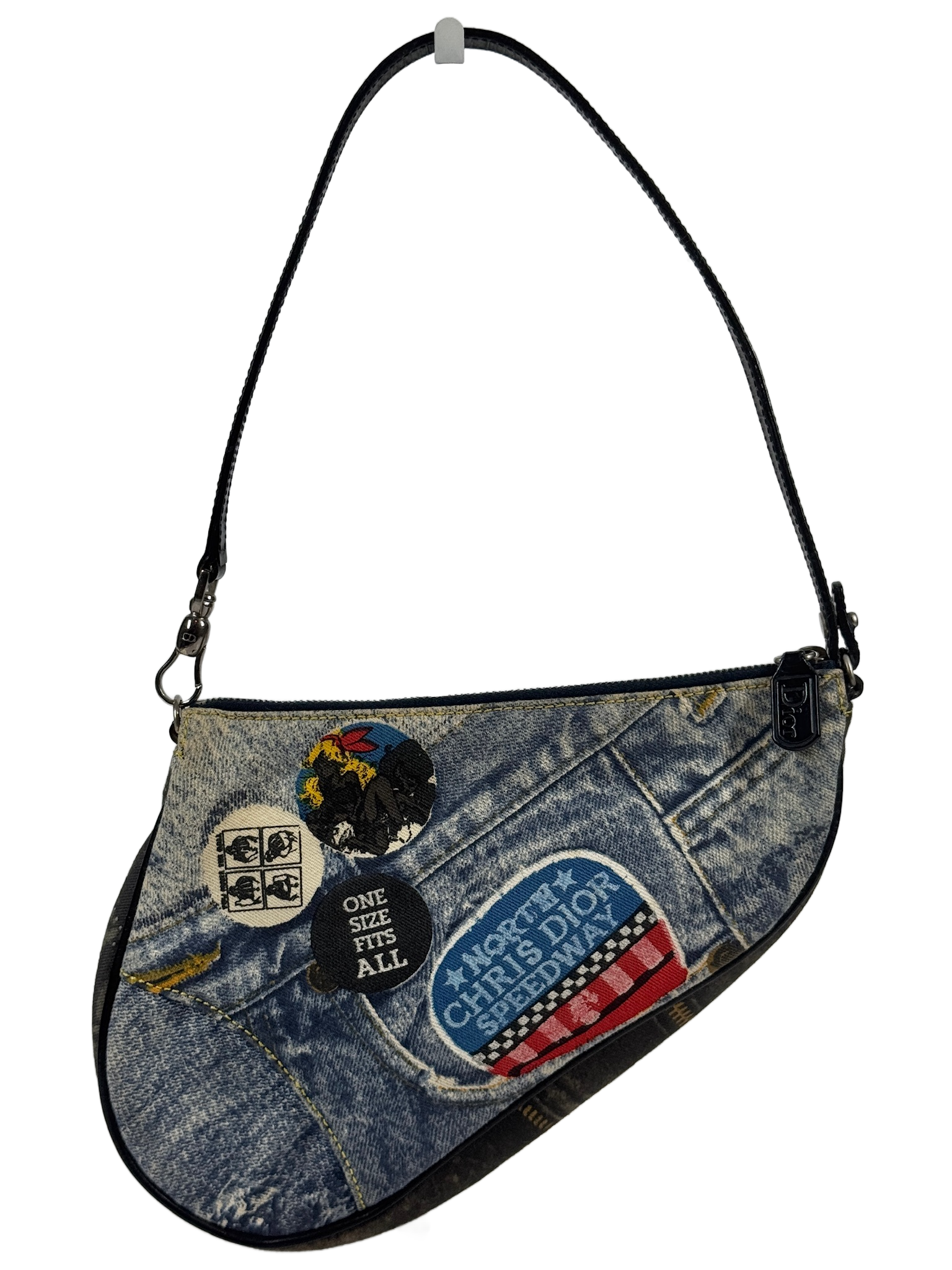 Dior Vintage 00s Blue Denim Speedway Patchwork Mini Saddle Pochette Bag 