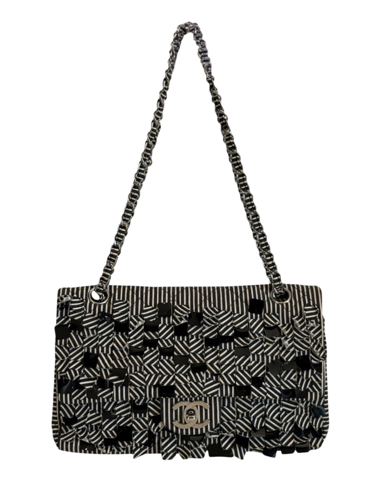 Chanel Vintage 2008 Black & White Striped Quilted Canvas Sequin Medium Classic Double Flap Bag