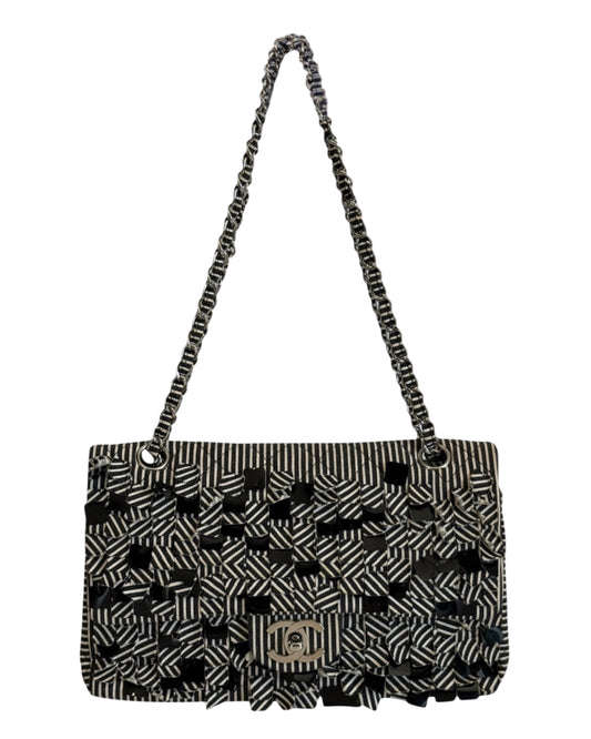 Chanel Vintage 2008 Black & White Striped Quilted Canvas Sequin Medium Classic Double Flap Bag
