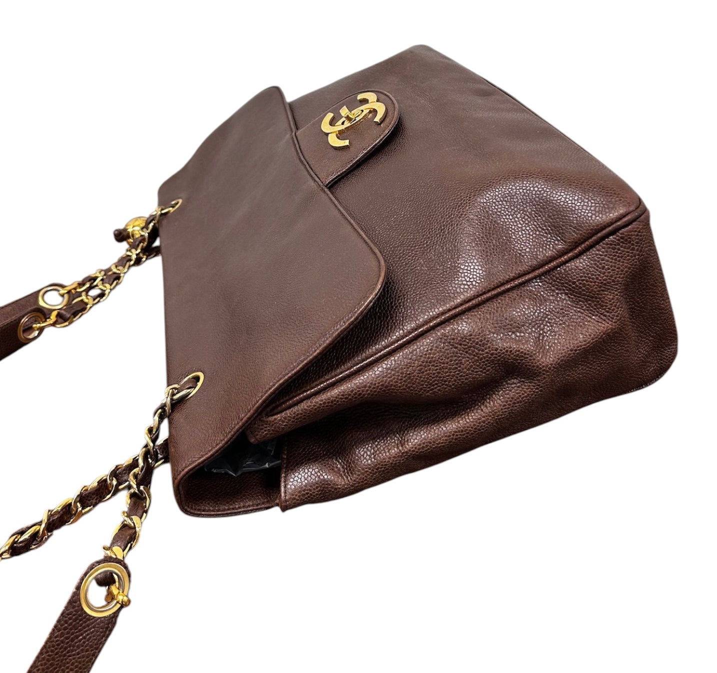 Chanel Vintage 1995 Dark Brown Caviar Leather Double Sided CC Turnlock XL Shoulder Tote Bag