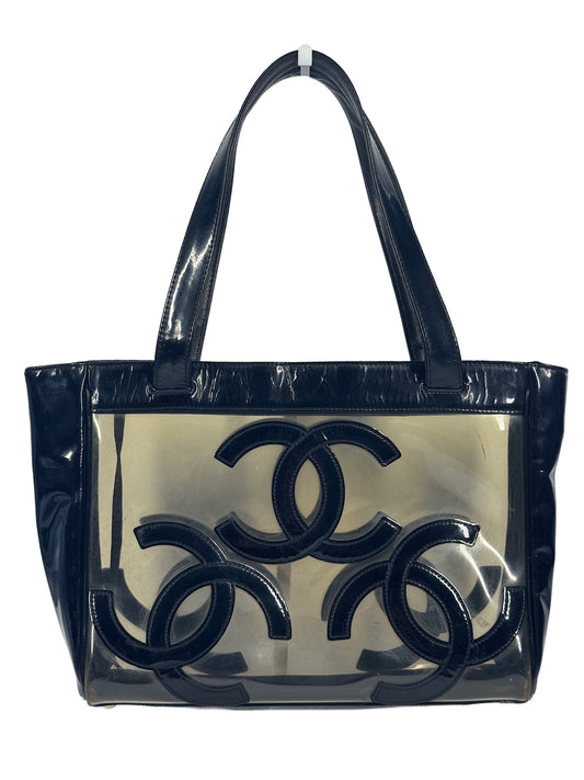 Chanel Vintage Black Patent Leather PVC Triple CC Small Tote Shoulder Bag 
