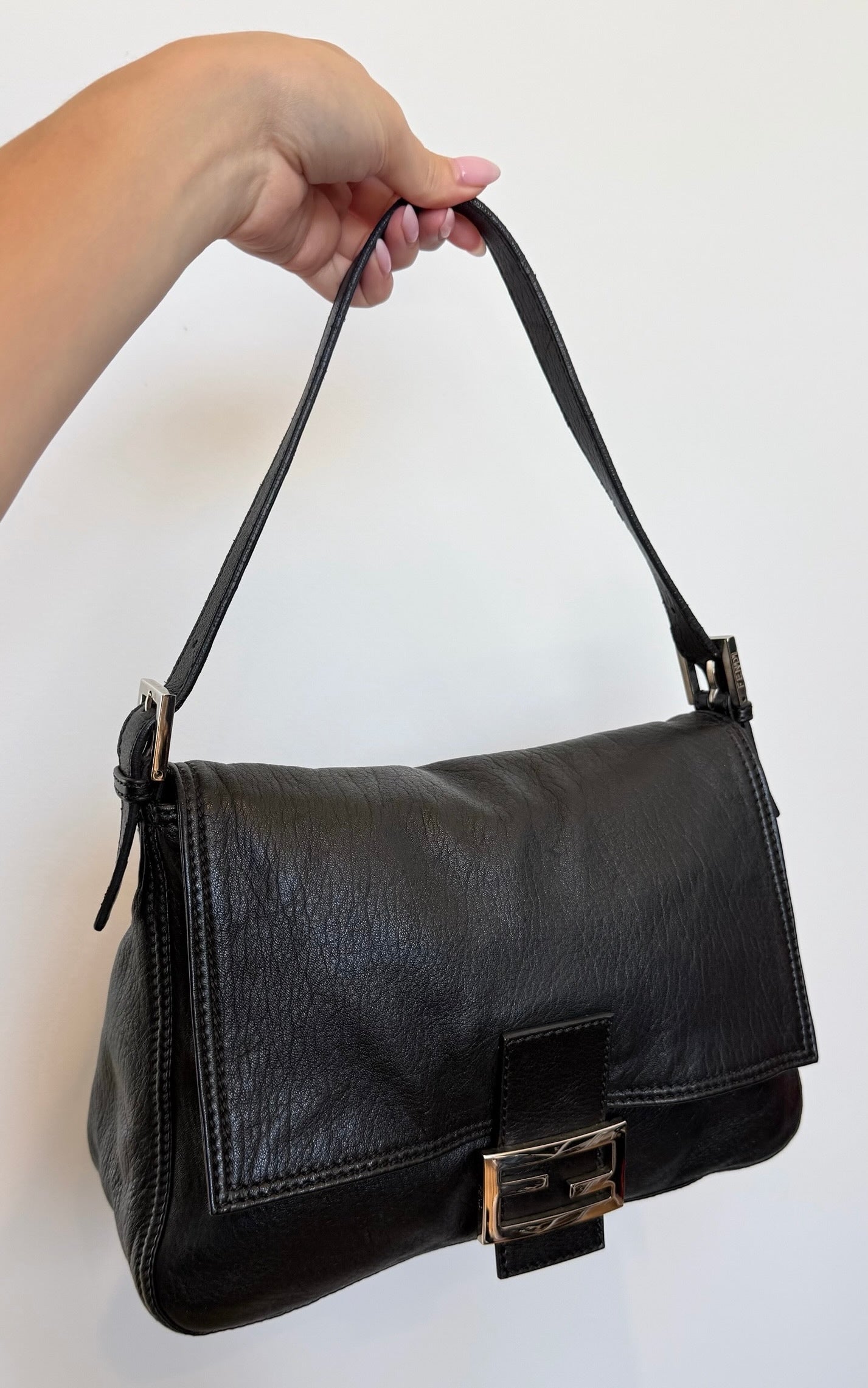 Fendi Vintage Black Lambskin Leather Mamma Baguette Shoulder Bag