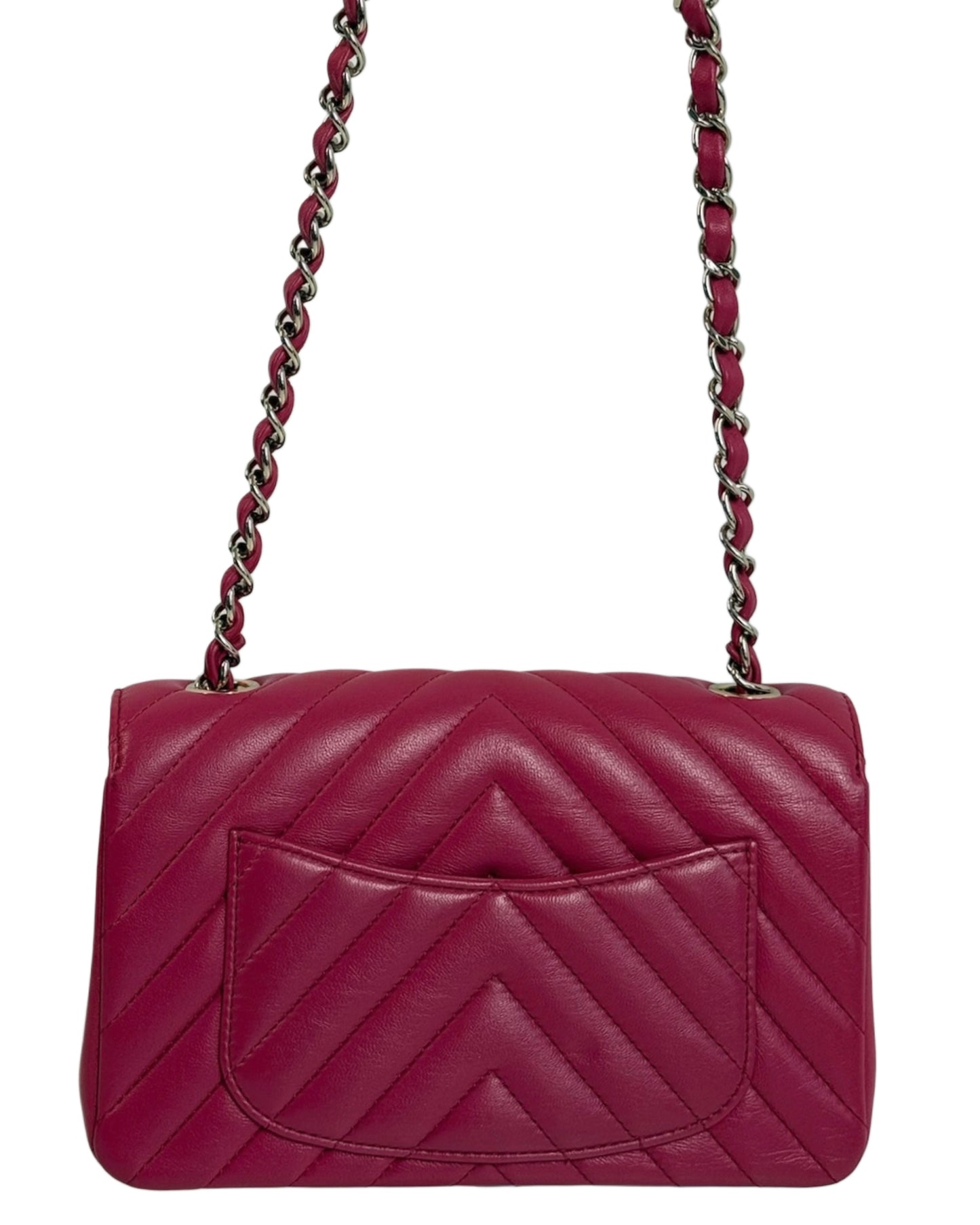 Chanel 2019 Fuchsia Pink Chevron Lambskin Mini Rectangular Classic Flap Crossbody Bag