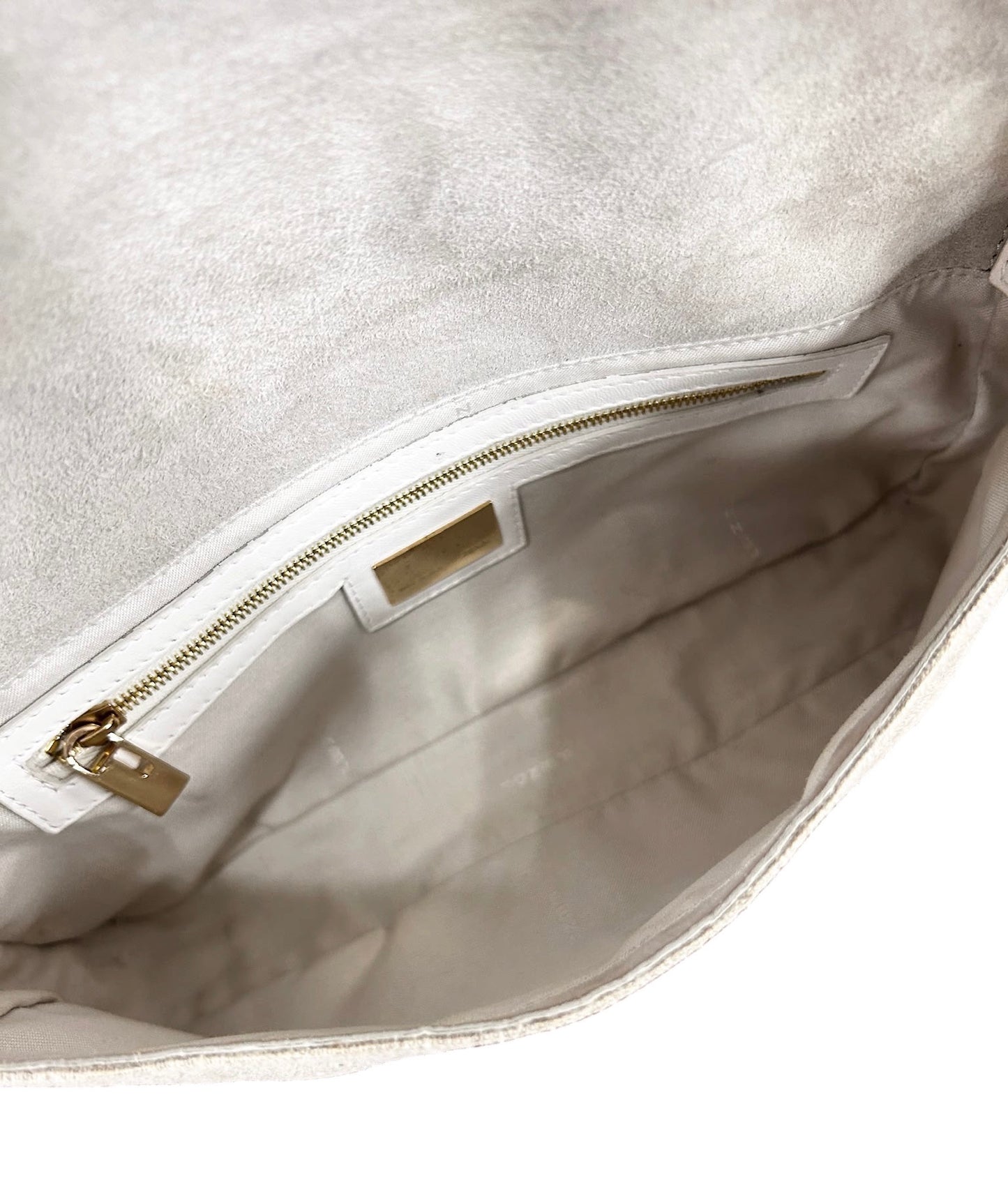 Fendi Vintage Beige Linen White Floral Embroidered Shoulder Baguette Bag