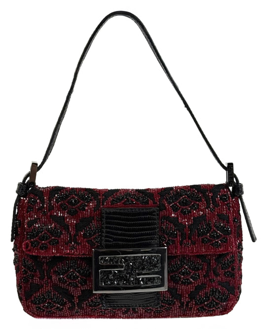 Fendi Vintage Red & Black Beaded Lizard Trim Crystal Embellished Mini Baguette Shoulder Bag