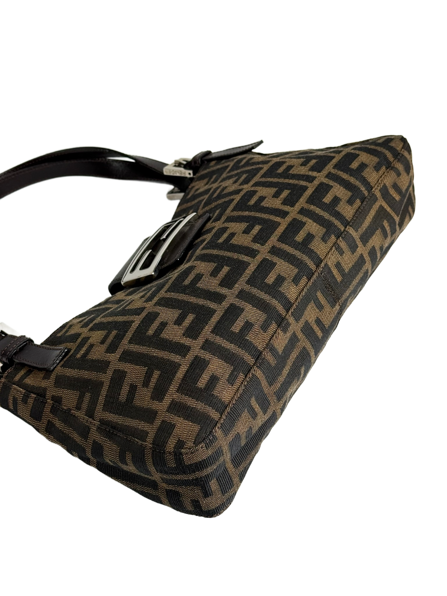 Fendi Vintage Classic Brown Zucca Monogram Medium Open Top Shoulder Baguette Bag
