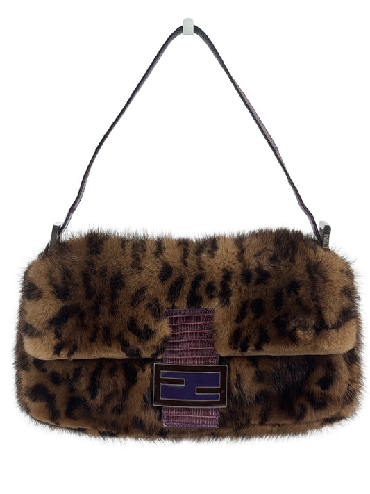Fendi Vintage Leopard Print Mink Purple Snakeskin Baguette Shoulder Bag