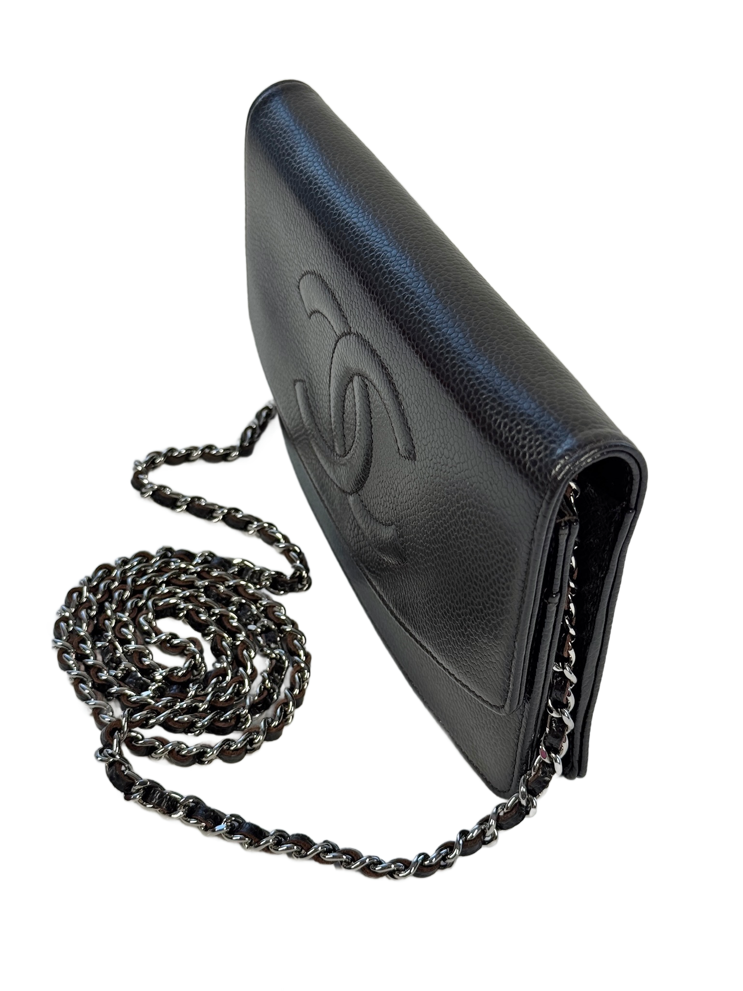 Chanel Vintage 00s Black Caviar CC Logo Timeless Wallet On Chain Crossbody Bag